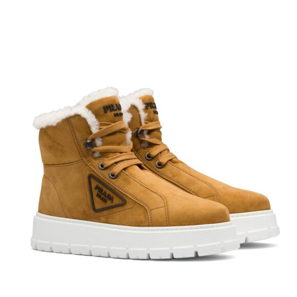 NWT Prada Winter Boots In Cognac Brown Suede Leather Shearling Lace Up - Picture 2 of 10